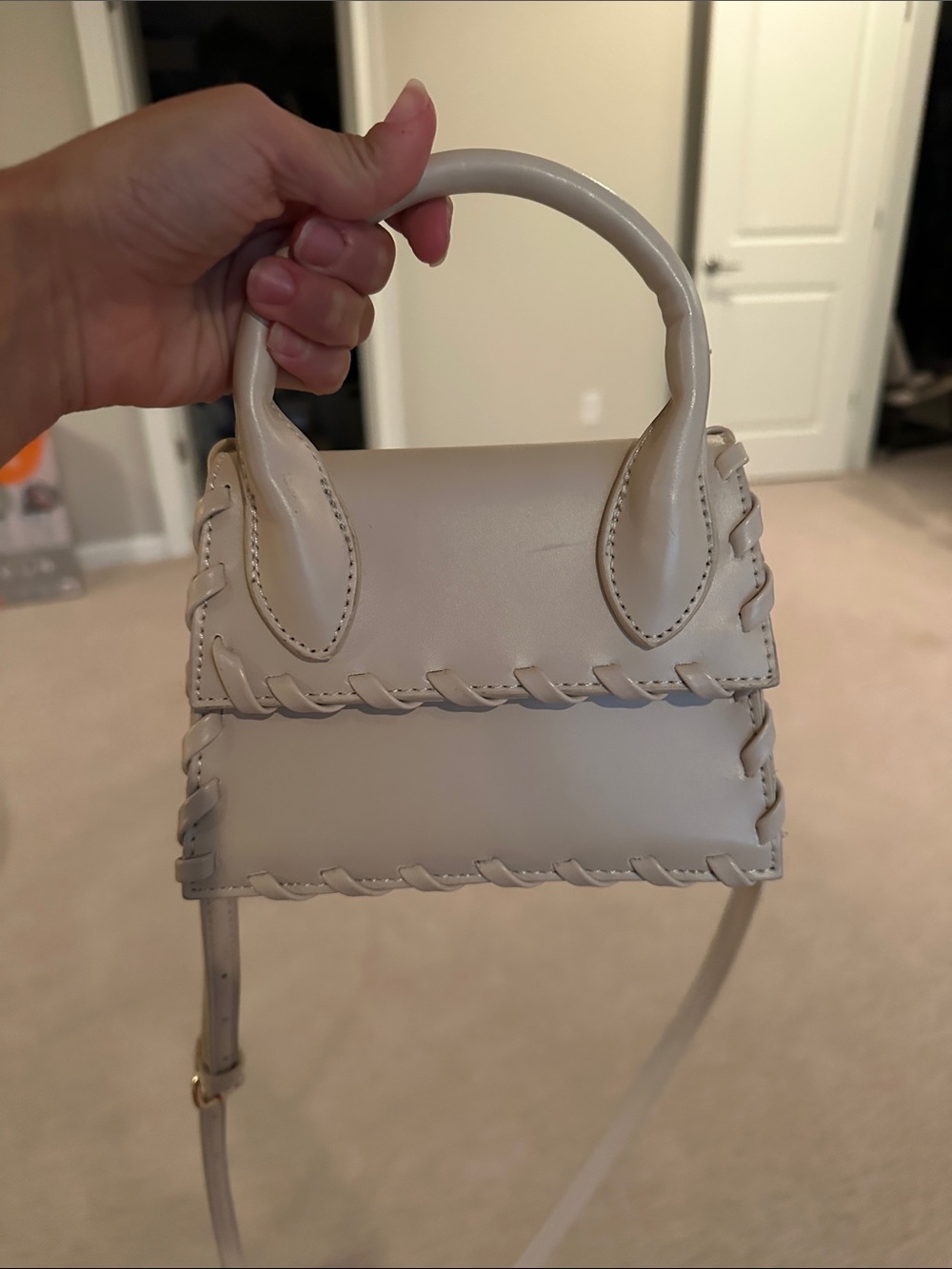 Cream Handheld Crossbody Bag with Woven Trim